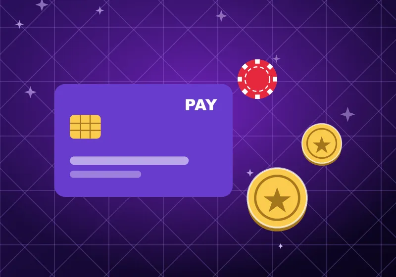 Banking at Casino Vegas Hero Payment card with coins and a casino chip on purple