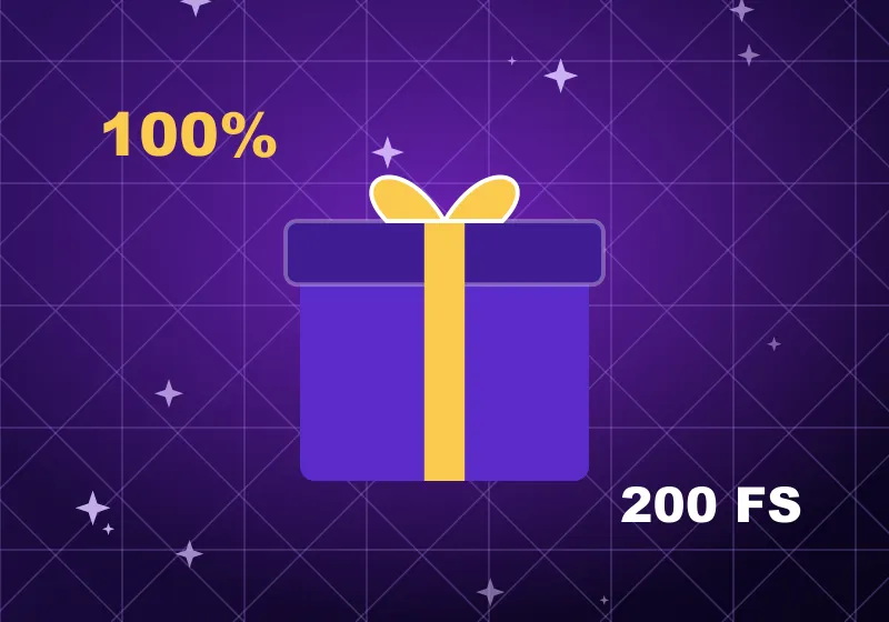 Vegas Hero Casino bonus Purple gift box with 100% and 200 FS labels