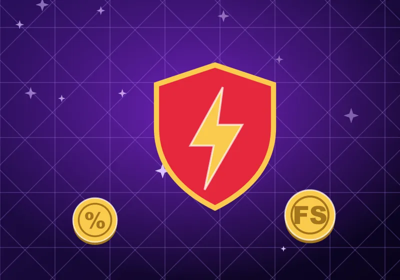 Welcome to Vegas Hero Casino Red Vegas Hero shield with a gold lightning bolt between bonus coins